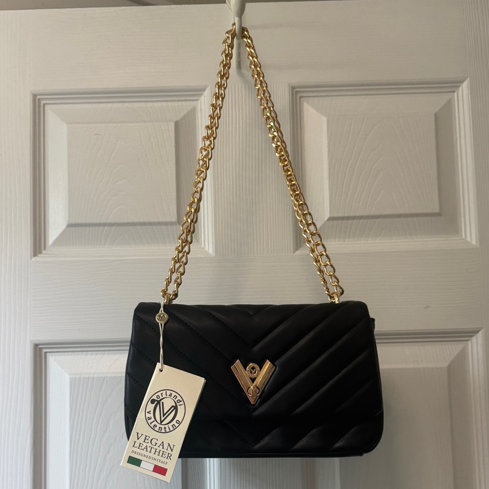 Valentino Orlandi Vegan Leather Black Quilted Bag With Adjustable Chain Strap